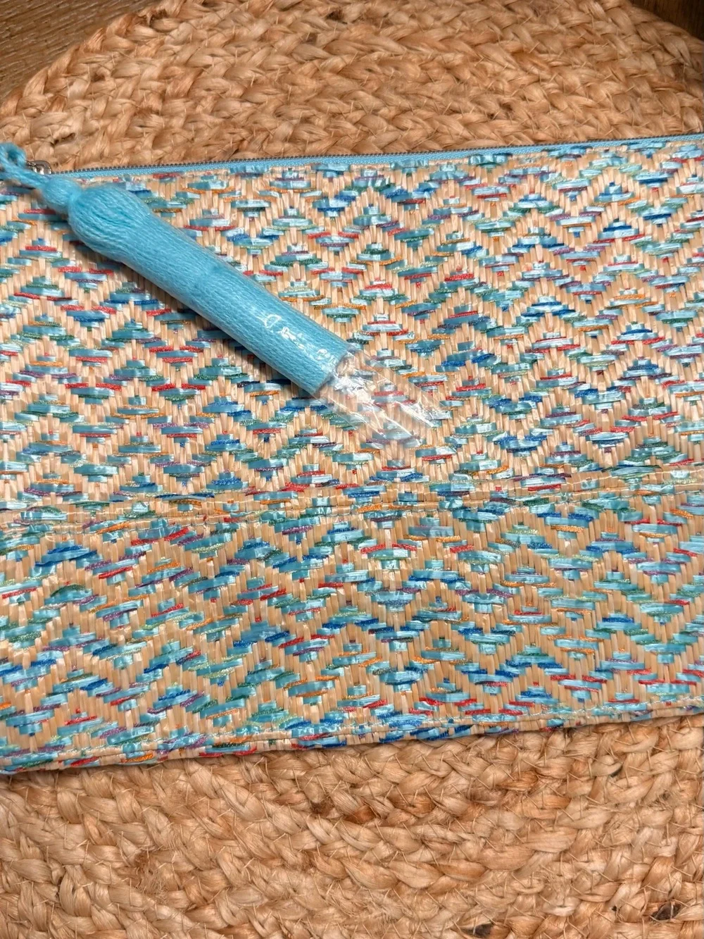 Lancome Blue and Natural Woven Cosmetic Pouch with Tassel
